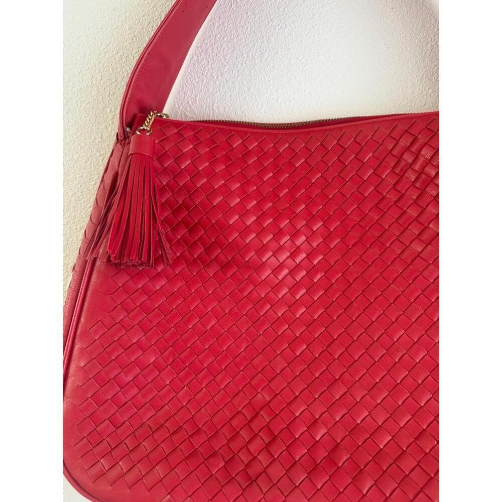 Boutique Leather Purse Red Woven Shoulder Bag Intricate Weaving Tassel Accent - Picture 2 of 7
